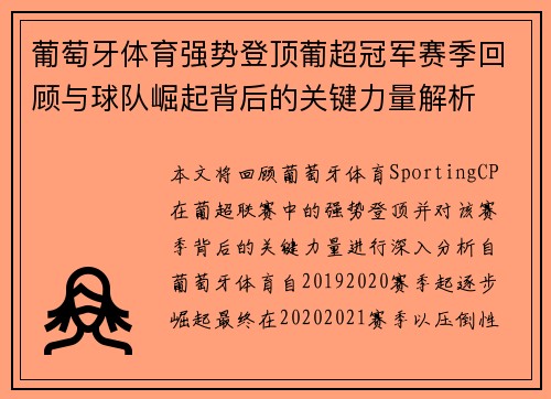 葡萄牙体育强势登顶葡超冠军赛季回顾与球队崛起背后的关键力量解析